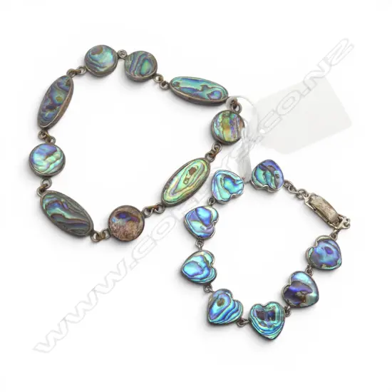 2 SILVER & PAUA BRACELETS: 1 W HEARTS other w no clasp