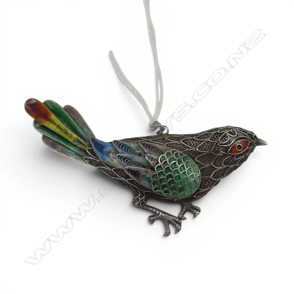 STG SILVER & ENAMEL BIRD PENDANT BROOCH W.65mm 10gms Image 1++