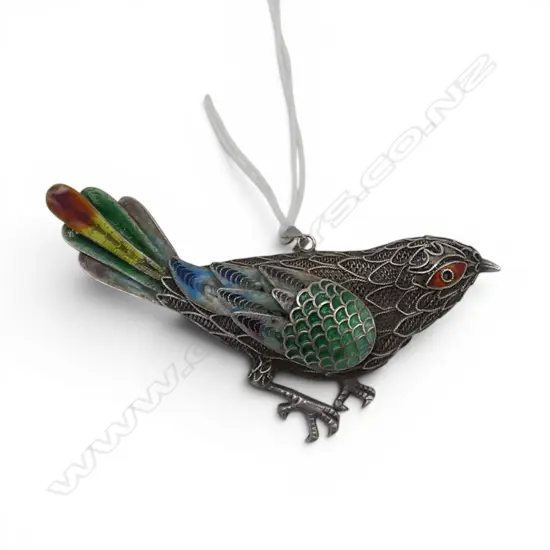 STG SILVER & ENAMEL BIRD PENDANT BROOCH W.65mm 10gms