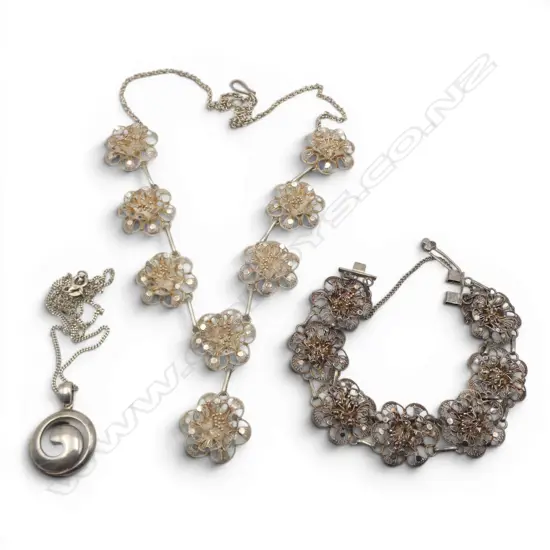 FANCY FLORAL STG SILVER + NECKLACE & BRACELET + SILVER KORU PENDANT NECKLACE. 37gms