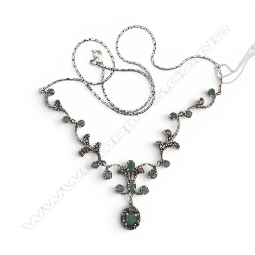 SILVER EMERALD & MARCASITE NECKLACE, L.500mm Image 1++
