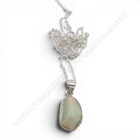 SILVER WELO OPAL & DIAMOND PENDANT on SILVER CHAIN