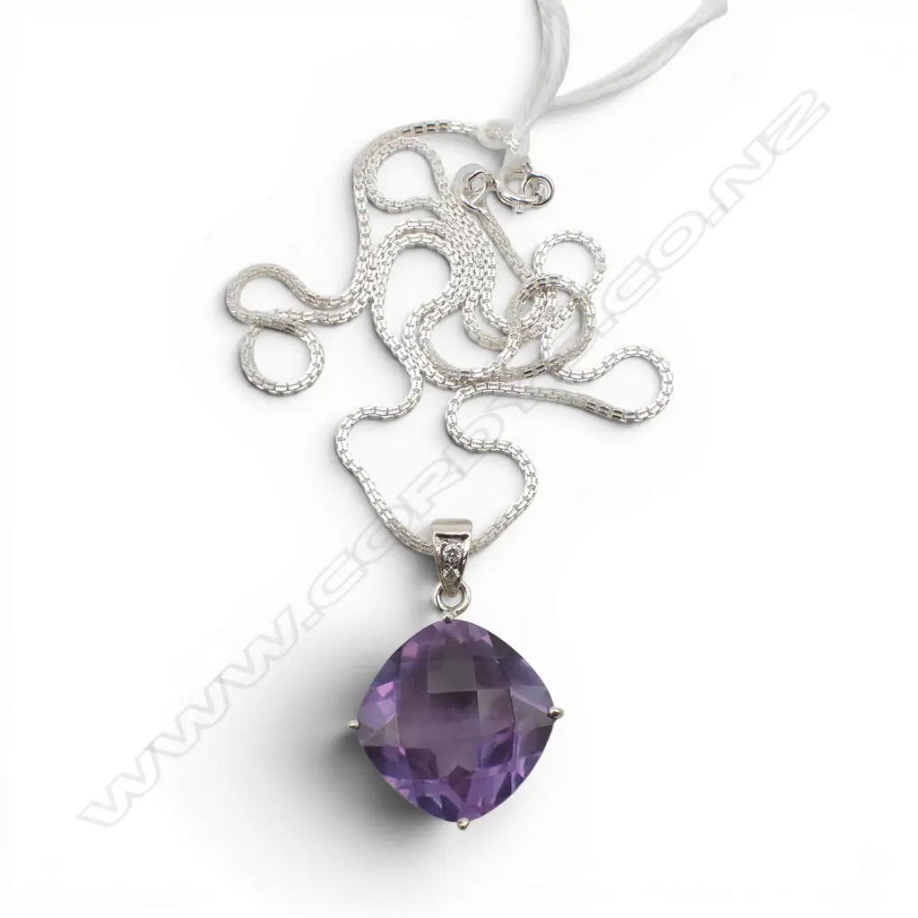SILVER SYNTHETIC  SAPPHIRE & DIAMOND PENDANT on SILVER CHAIN Image 1++
