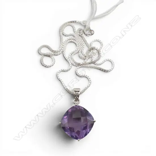 SILVER SYNTHETIC  SAPPHIRE & DIAMOND PENDANT on SILVER CHAIN