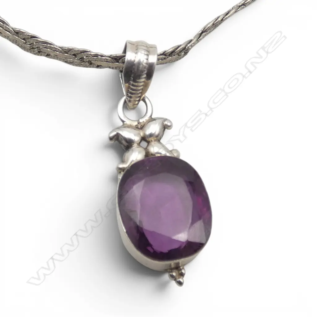 SILVER & SYN PURPLE STONE PENDANT on BRAIDED SILVER PLATED CHAIN, L.600mm Image 1++