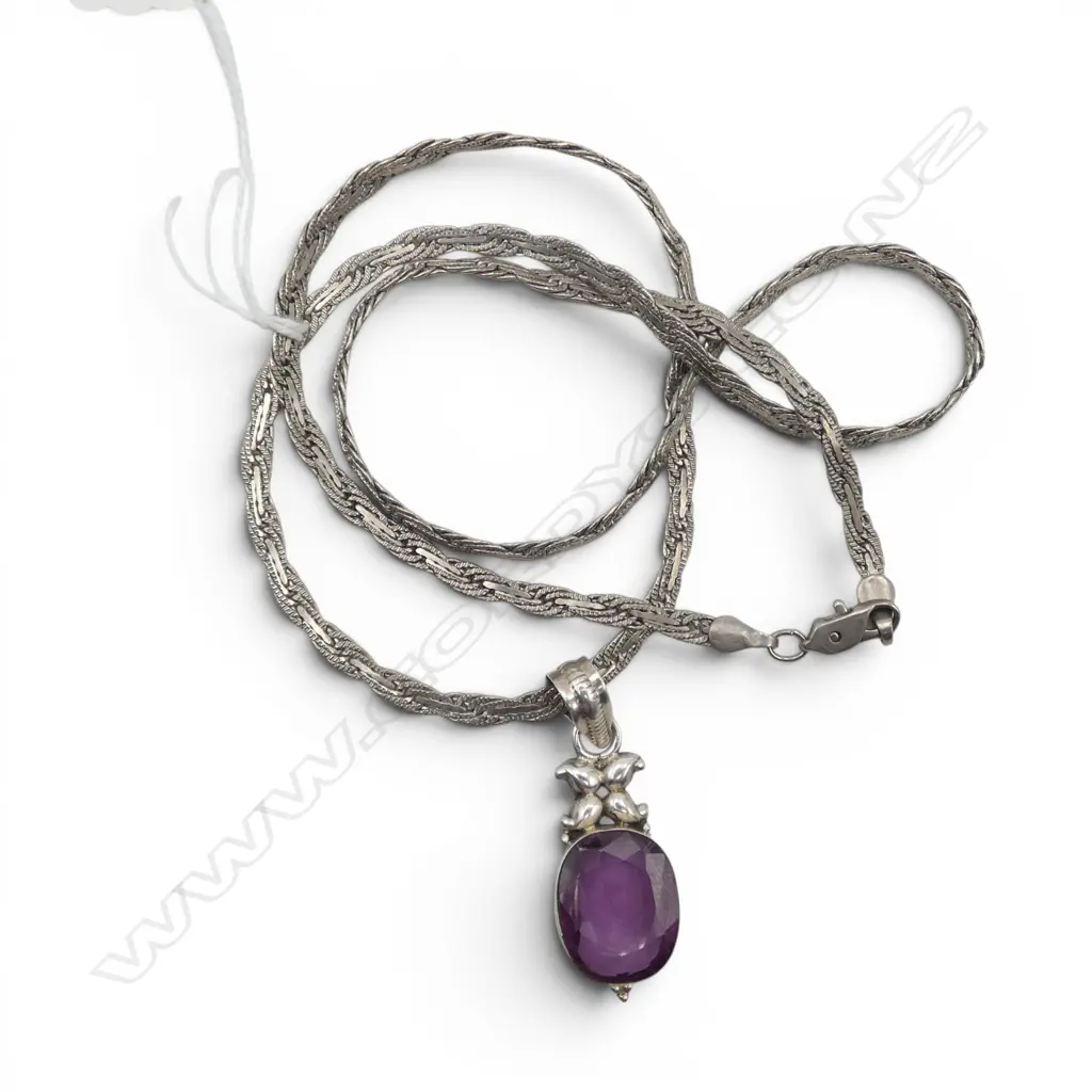 SILVER & SYN PURPLE STONE PENDANT on BRAIDED SILVER PLATED CHAIN, L.600mm Image 1++