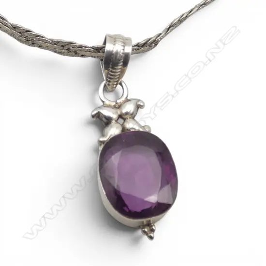 SILVER & SYN PURPLE STONE PENDANT on BRAIDED SILVER PLATED CHAIN, L.600mm