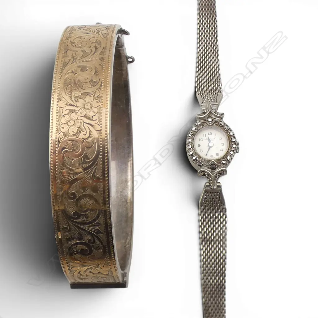 SILVER GILT HINGED BANGLE + STG SILVER MARCASITE WRISTWATCH  Image 1++