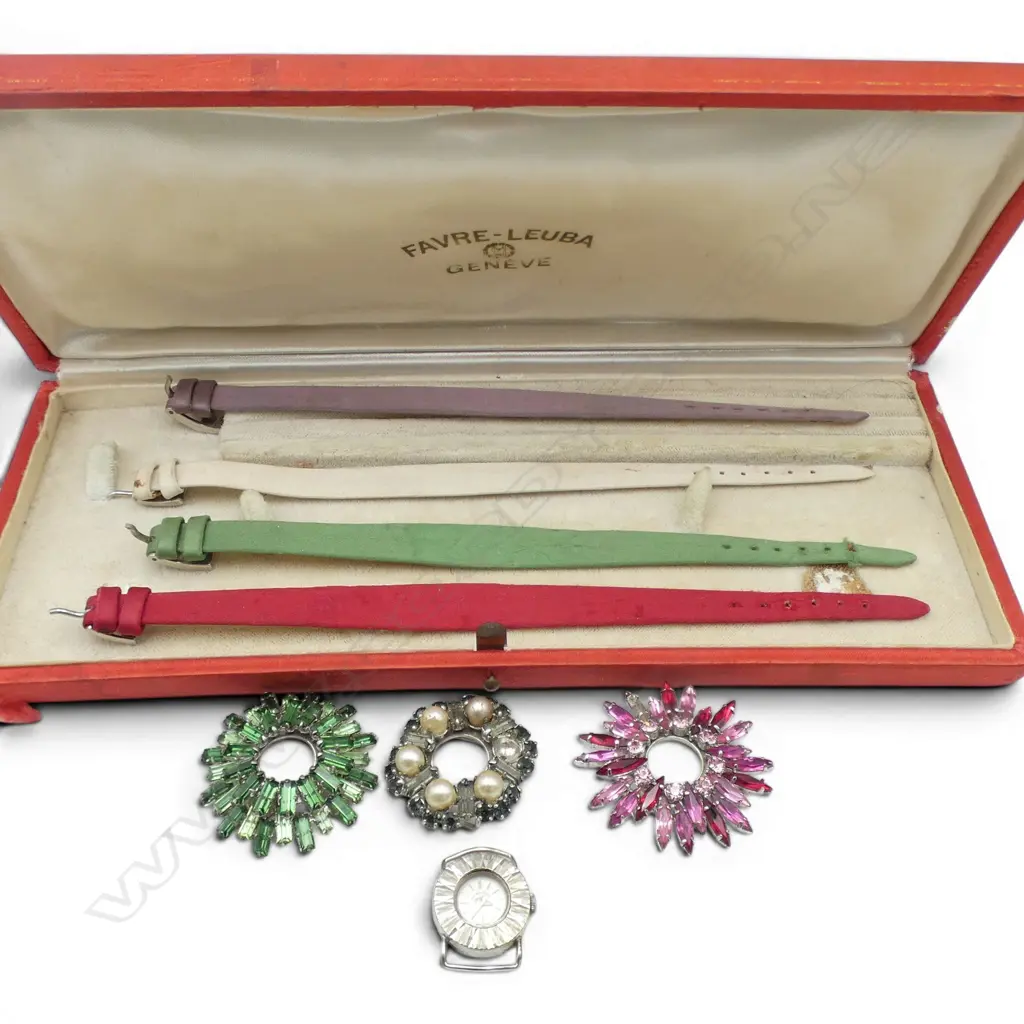 CASED VINTAGE LADIES FAVRE-LEUBA CUSTOM WRISTWATCH w. four various cases Image 1++