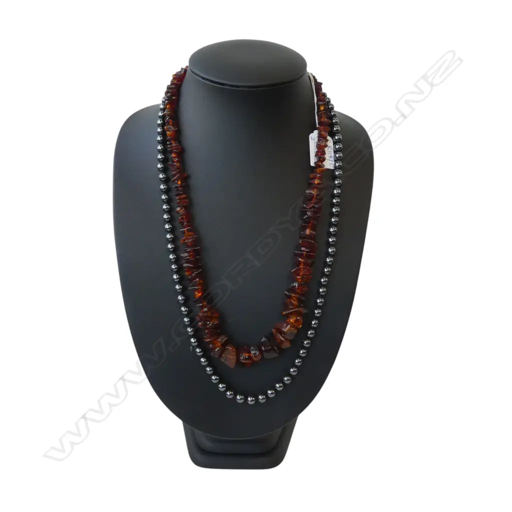 2 NECKLACES; HEMATITE & AMBER Image 1++