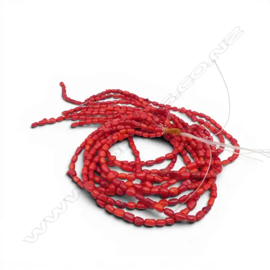 10 dyed red coral necklaces. No clasps. Old jeweller's stock