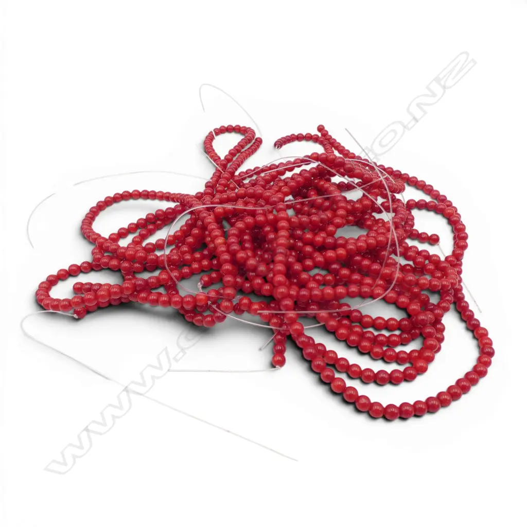 9 dyed red coral? small bead necklaces. L.400mm. No clasps. Old jeweller's stock Image 1++
