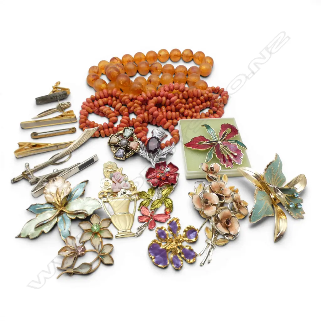 ASST. COSTUME PINS & BADGES + 2 BEAD NECKLACES Image 1++