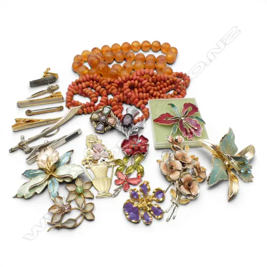 ASST. COSTUME PINS & BADGES + 2 BEAD NECKLACES