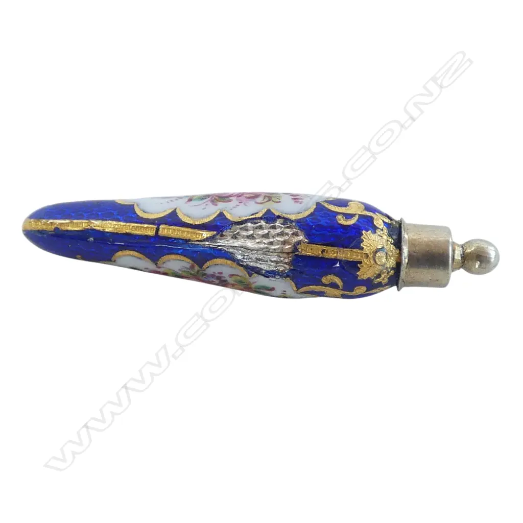 2 FRENCH PERFUME BOTTLES IN ENAMELLED CASE H.60mm (one bottle the enamel is damaged plus case has damage as well. Image 1++