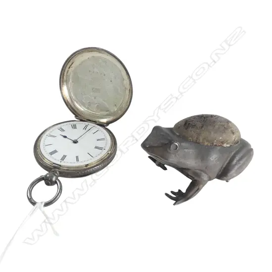 S/SILVER POCKET WATCH NO GLASS FACE & S/SILVER FROG PIN CUSHION  1 FOOT BITTEN OFF