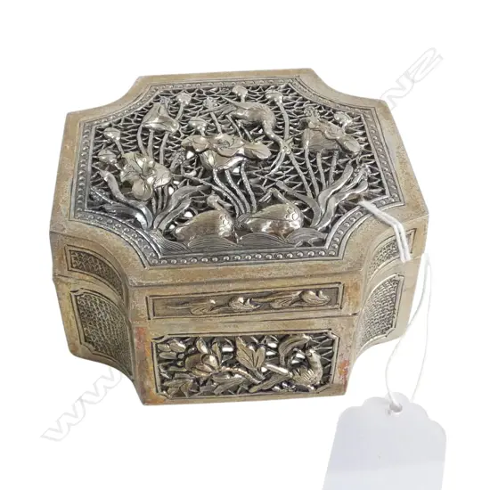 ORIENTAL SILVER BOX pierced heron design, testing around 60% silver 138gms