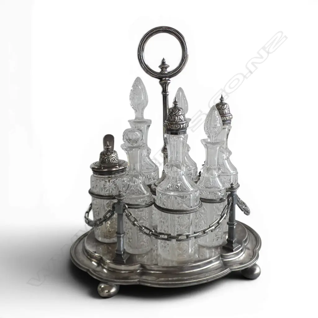 DECORATIVE WALKER & HALL 7 PCE SILVER PLATE & CUT CRYSTAL CRUET SET H.180mm Image 1++