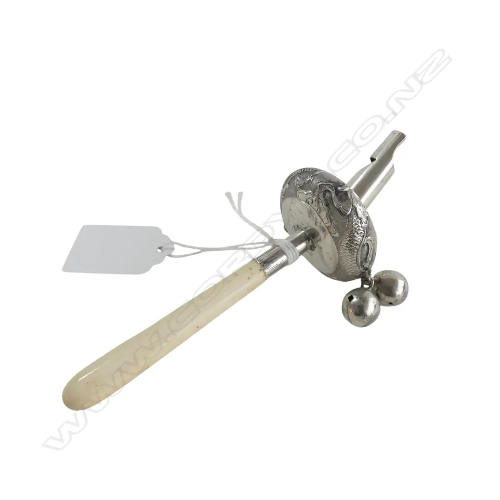 CHINESE EXPORT 900 SILVER & IVORY BABY RATTLE/WHISTLE DRAGON DESIGN MAKER KUANG MAN STING 1875-1930 FAULTS WEIGHT 33.8G Image 1++