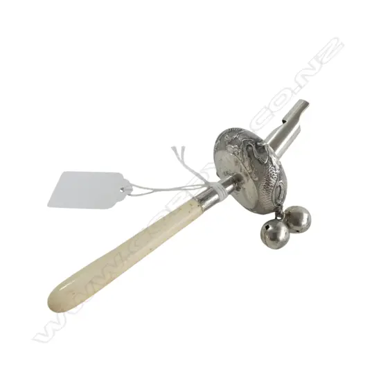 CHINESE EXPORT 900 SILVER & IVORY BABY RATTLE/WHISTLE DRAGON DESIGN MAKER KUANG MAN STING 1875-1930 FAULTS WEIGHT 33.8G