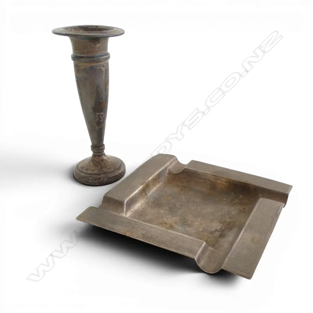 STG SILVER ASHTRAY Birmingham 1959 87gms + small STG SILVER VASE wooden infill base 39gms Image 1++