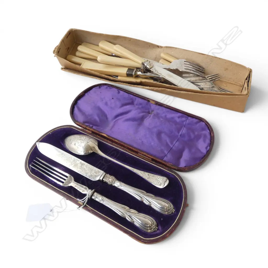 14 PCES CUTLERY (IVORINE HANDLES, STG SILVER RIM) + 3 PCE EP SET, CASED Image 1++