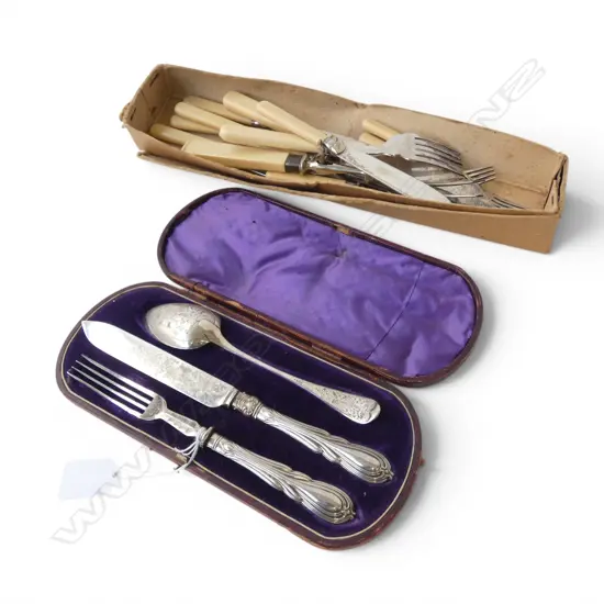 14 PCES CUTLERY (IVORINE HANDLES, STG SILVER RIM) + 3 PCE EP SET, CASED