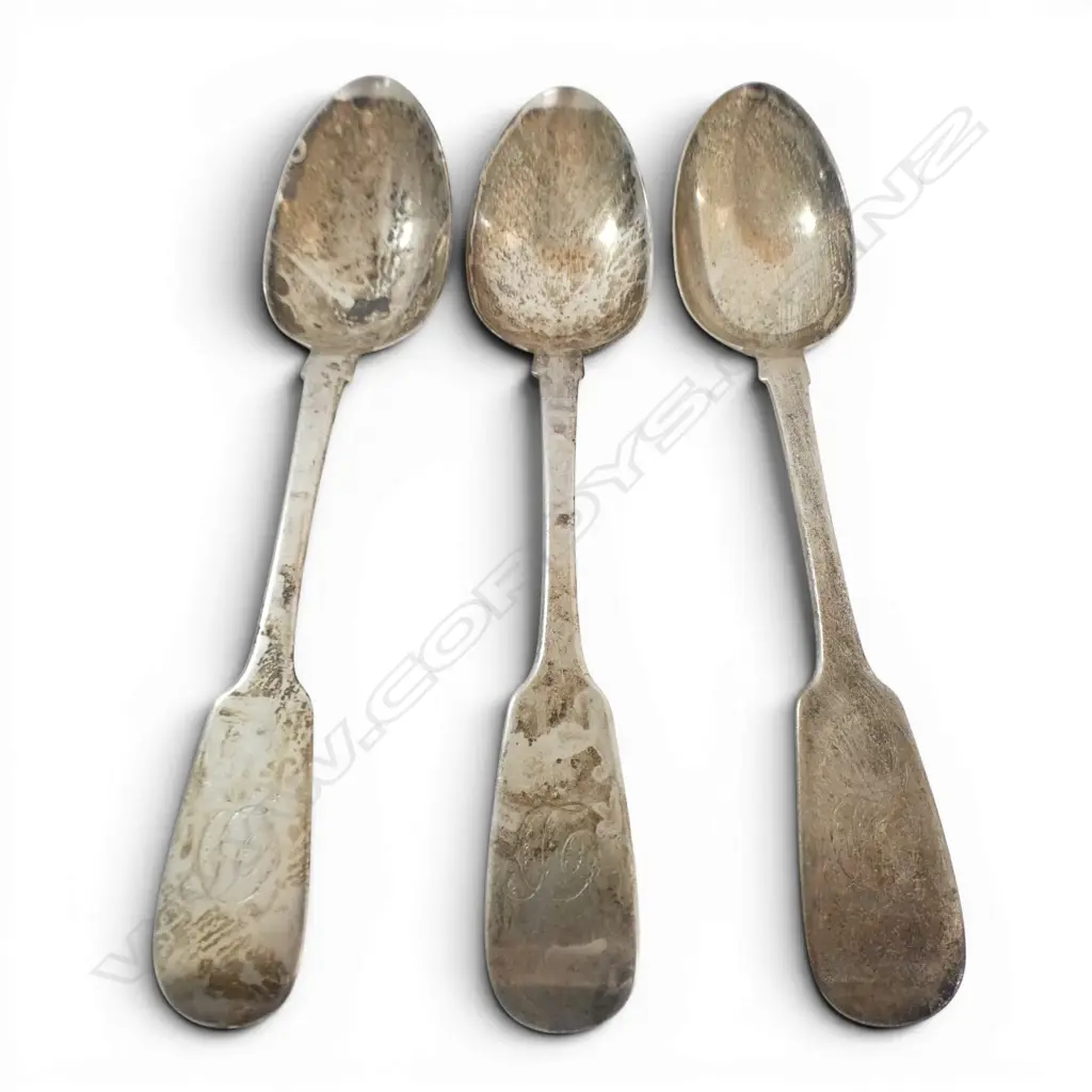 SET 3 SILVER LGE TABLE SPOONS Fiddle pattern Newcastle 1830. 200gms Image 1++