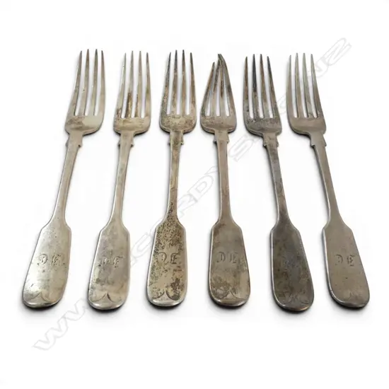 SET 6 London 1872 SILVER fiddle pattern DESSERT FORKS. 1 w tynes damaged.281gms