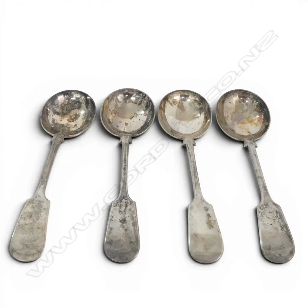 SET 4 SILVER LGE SOUP SPOONS Fiddle pattern Sheffield 1896. 303gms Image 1++