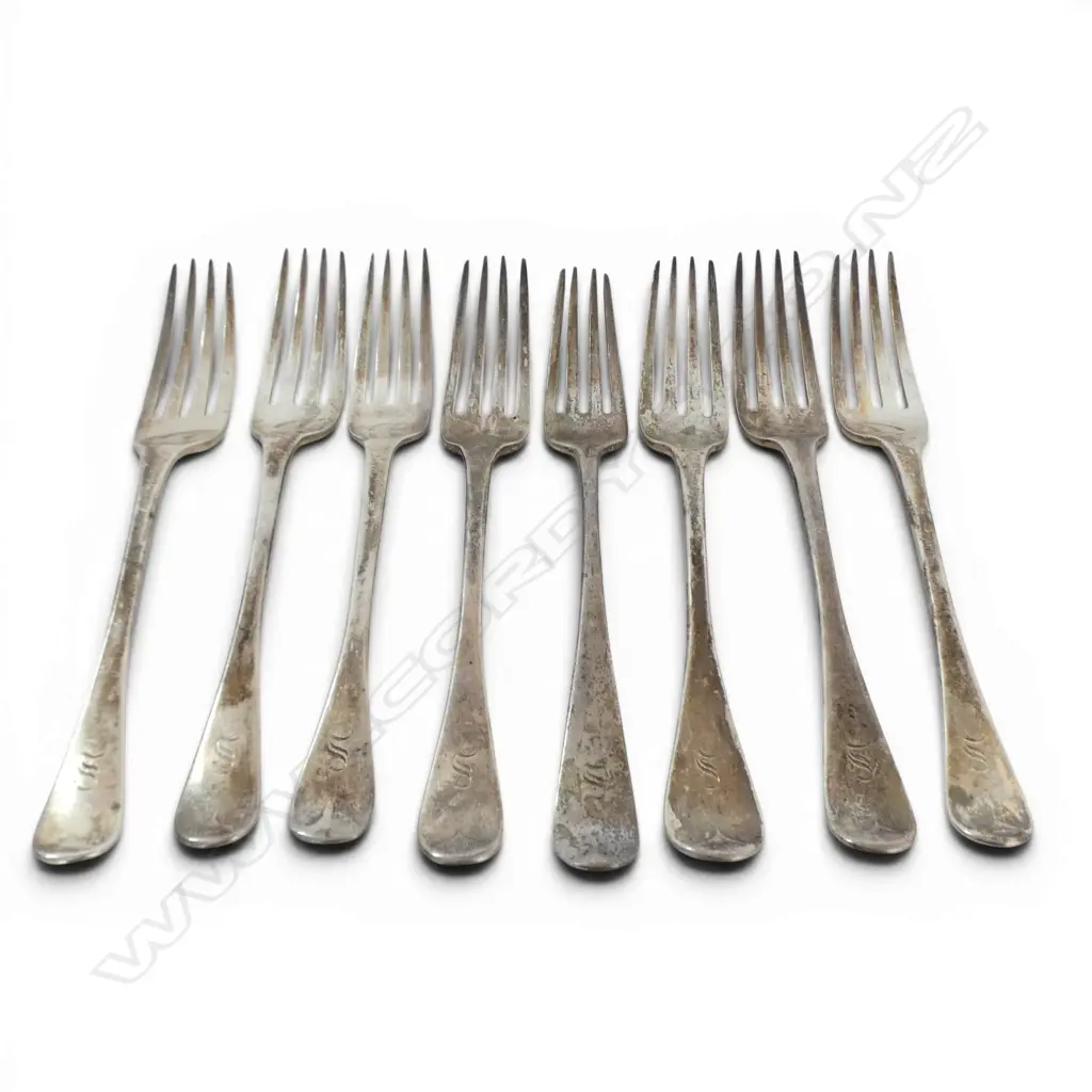 London 1844 SET 8 SILVER OLD ENGLISH pattern TABLE FORKS 545gms Image 1++