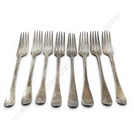 London 1844 SET 8 SILVER OLD ENGLISH pattern TABLE FORKS 545gms