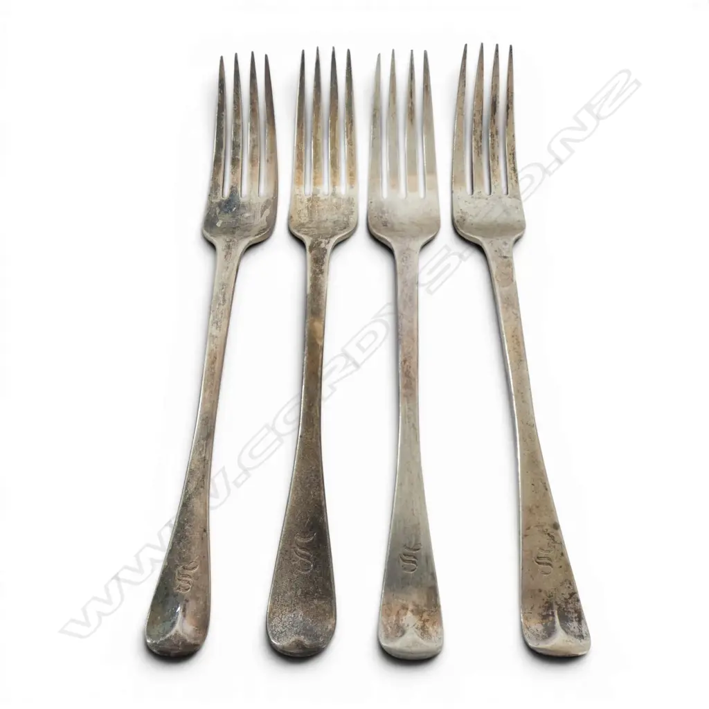 London 1823 SET 4 SILVER OLD ENGLISH pattern TABLE FORKS. 222gms Image 1++