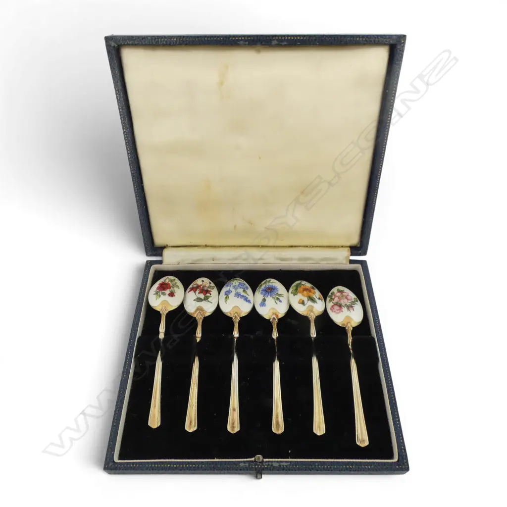 Birmingham 1966 silver gilt & floral painted guilloche SET 6 TEASPOONS 66gms BOXED Image 1++