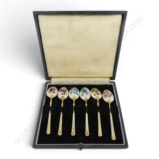 Birmingham 1966 silver gilt & floral painted guilloche SET 6 TEASPOONS 66gms BOXED