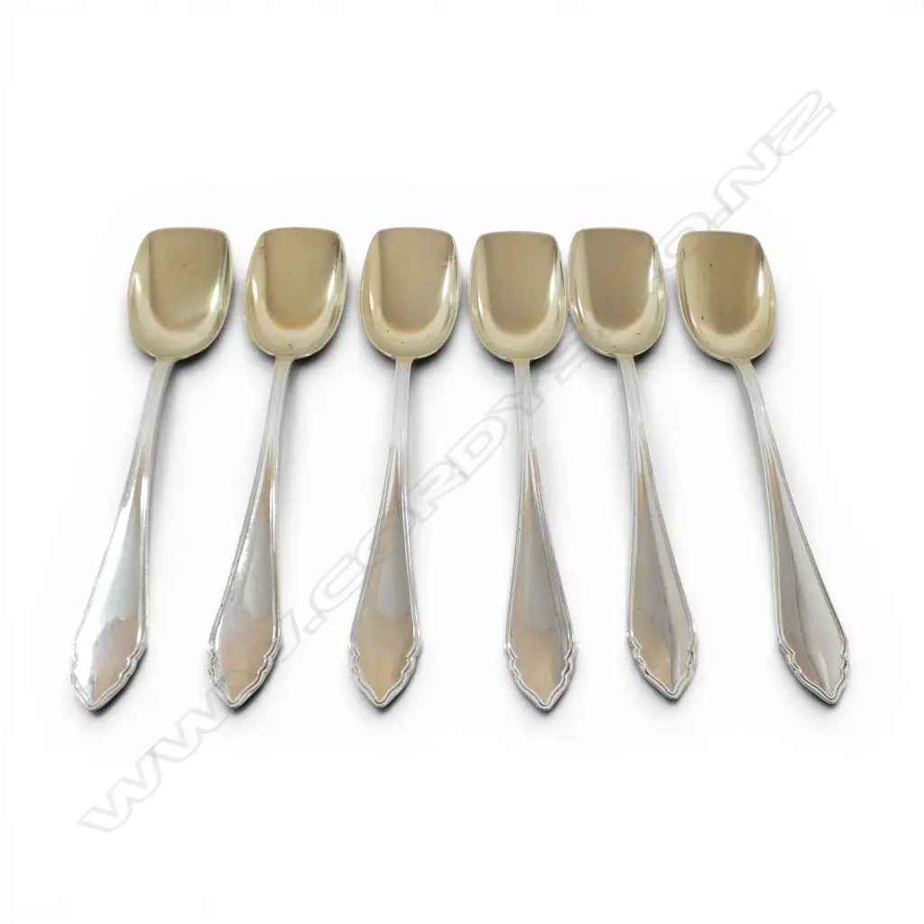 AUSTRIAN 800 SILVER 6 SHOVEL MOUTHED DESSERT SPOONS GILT BOWLS MAKER ALEXANDER STURM 157.5GMS Image 1++