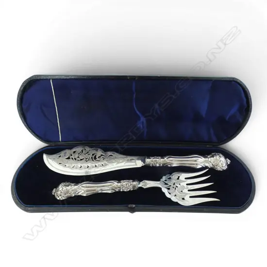 PR FANCY VICTORIAN SILVER HANDLED FISH SERVERS plated engraved blades. In original fitted box