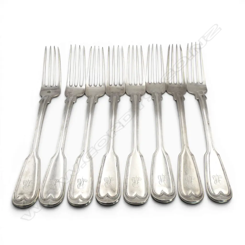 8 I. WAGNER & SONS SILVER FIDDLE & THREAD DINNER FORKS 582gms Image 1++