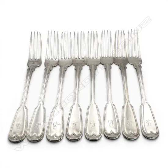 8 I. WAGNER & SONS SILVER FIDDLE & THREAD DINNER FORKS 582gms