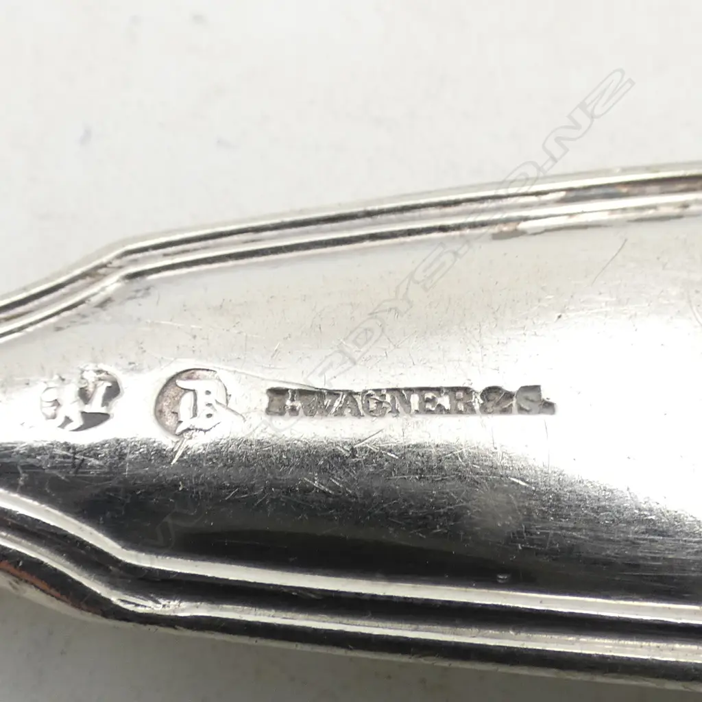 8 x I. WAGNER & SONS SILVER FIDDLE & THREAD DESSERT SPOONS German 89% silver. 379gms Image 1++