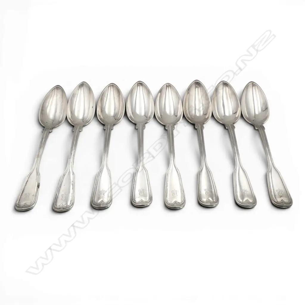 8 x I. WAGNER & SONS SILVER FIDDLE & THREAD DESSERT SPOONS German 89% silver. 379gms Image 1++