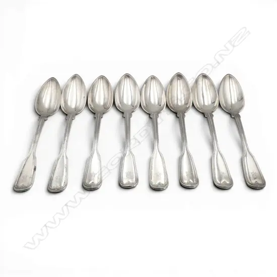 8 x I. WAGNER & SONS SILVER FIDDLE & THREAD DESSERT SPOONS German 89% silver. 379gms