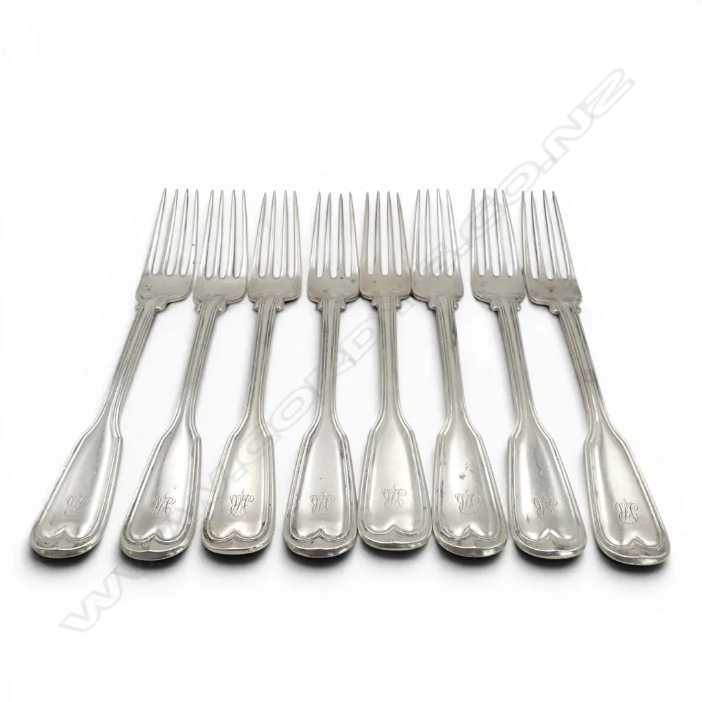 8 x  German 89% silver I. WAGNER & SONS SILVER FIDDLE & THREAD DESERT FORKS 387gms Image 1++