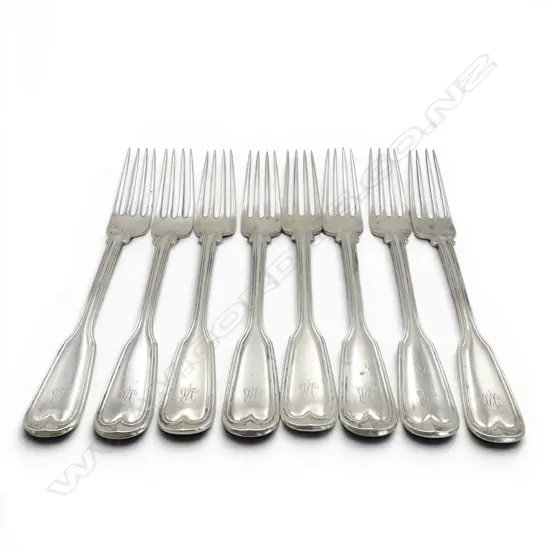8 x  German 89% silver I. WAGNER & SONS SILVER FIDDLE & THREAD DESERT FORKS 387gms