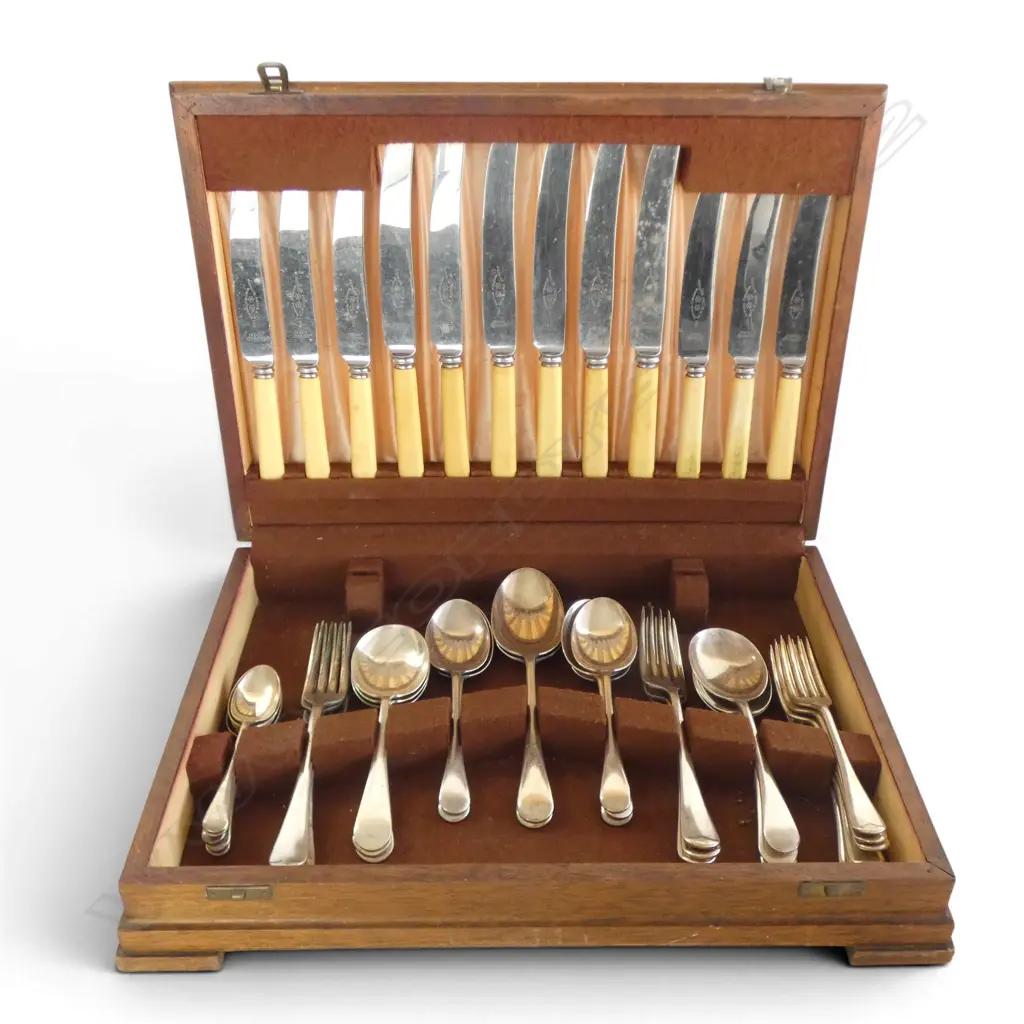CUTLERY CANTEEN w. IVORINE 'BONE' HANDLED KNIVES W.405mm Image 1++