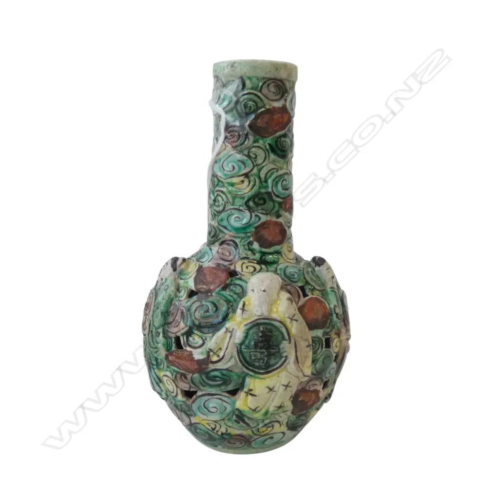 CHINESE RETICULATED FAMILLE VERTE BOTTLE VASE 19TH CENT H135MM Image 1++