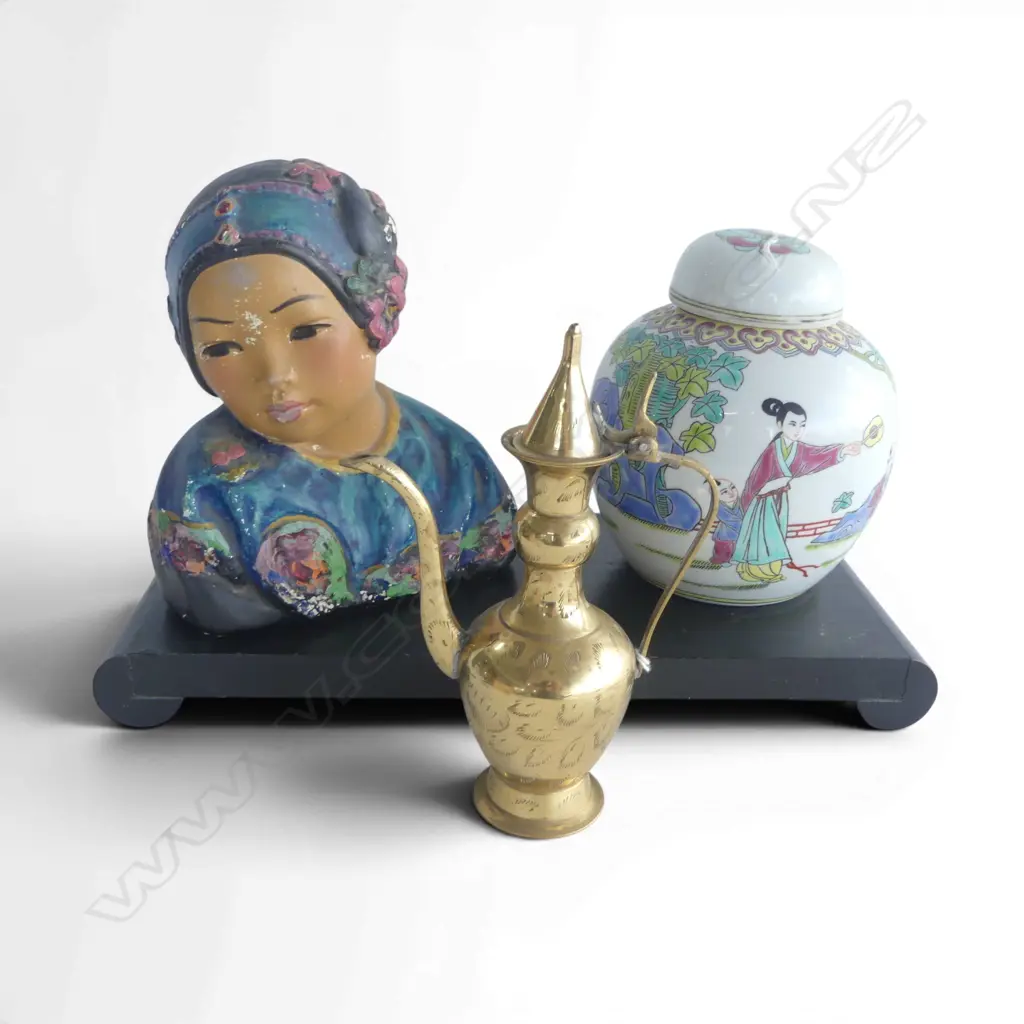 ORIENTAL WOODEN TRAY, GINGER JAR, BRASS JUG, PAINTED FIGURE BY ESTHER HUNT Image 1++