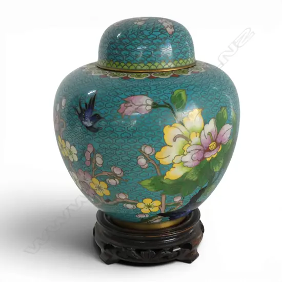 CLOISONNE GINGER JAR on wooden stand H.160mm