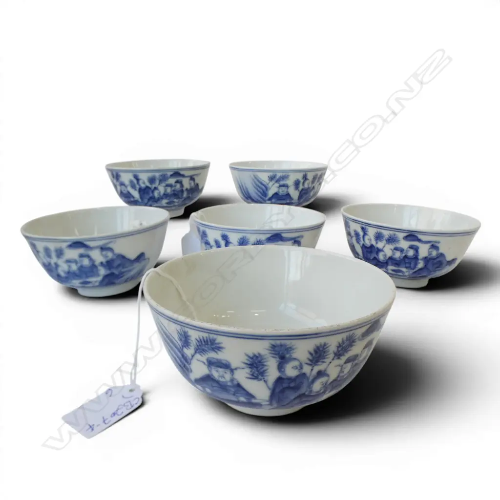 6 CHINESE PORCELAIN QIANLONG MARKED probably later B & W BOWLS with scholars Dia.115mm. Image 1++