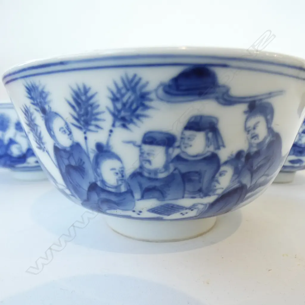 6 CHINESE PORCELAIN QIANLONG MARKED probably later B & W BOWLS with scholars Dia.115mm. Image 1++